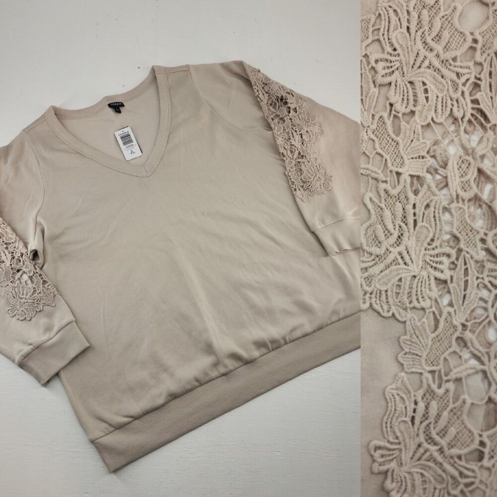 NWT Torrid Size 2X 18/20 | Beige Chateau Gray V Neck Crochet Sleeve Sweatshirt